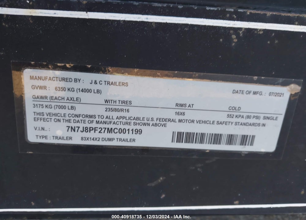 2021 TRAILER 20' BUMPER PULL VIN: 7N7J8PF27MC001199
