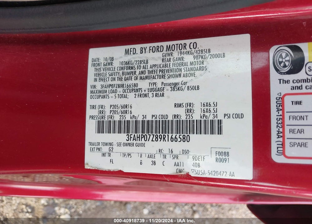 2009 FORD FUSION SE VIN: 3FAHP07Z89R166580