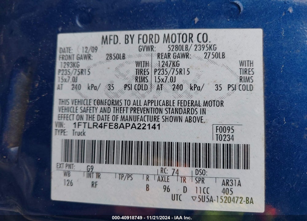 2010 FORD RANGER SPORT/XLT VIN: 1FTLR4FE8APA22141