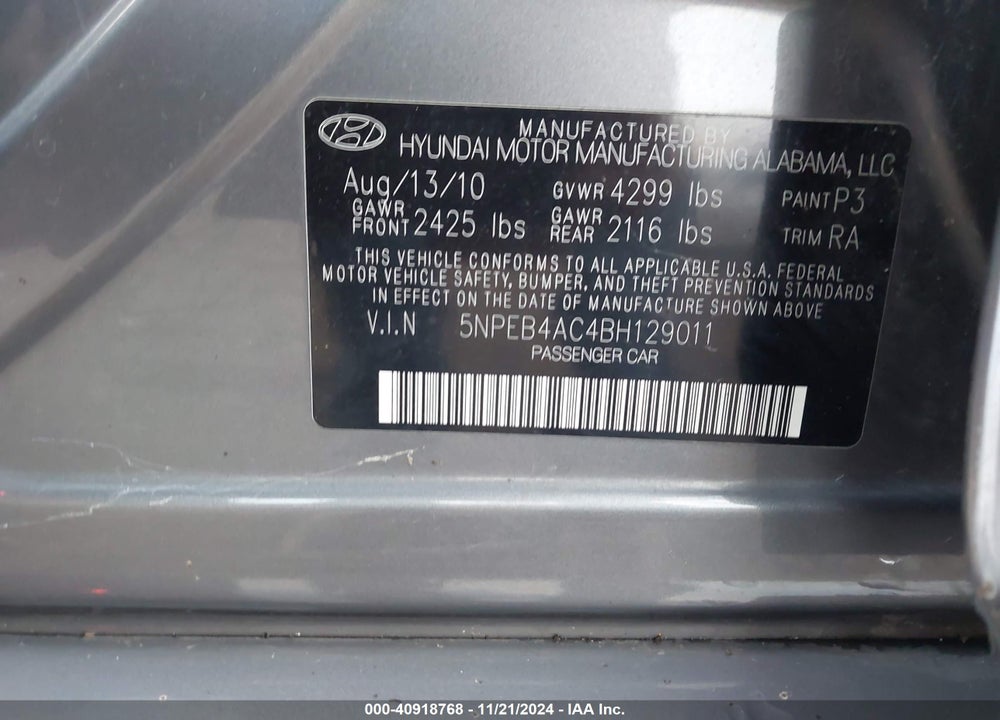 2011 HYUNDAI SONATA GLS VIN: 5NPEB4AC4BH129011