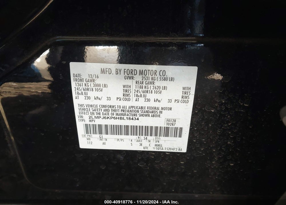 2017 LINCOLN MKX SELECT VIN: 2LMPJ6KP6HBL18434
