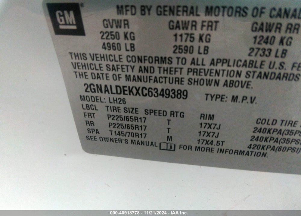 2012 CHEVROLET EQUINOX 1LT VIN: 2GNALDEKXC6349389