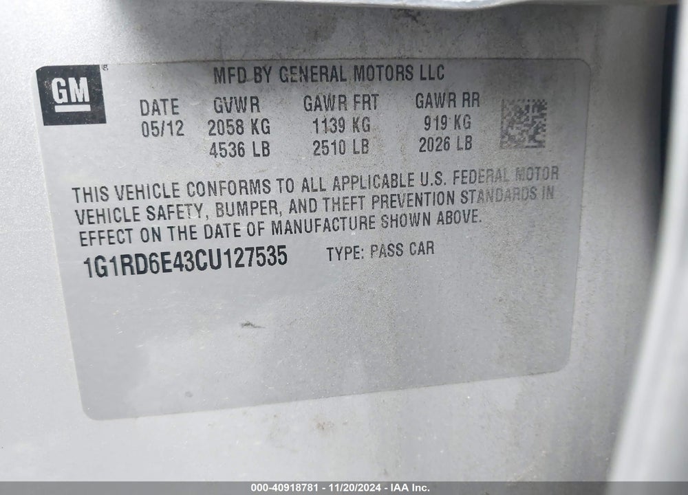 2012 CHEVROLET VOLT VIN: 1G1RD6E43CU127535