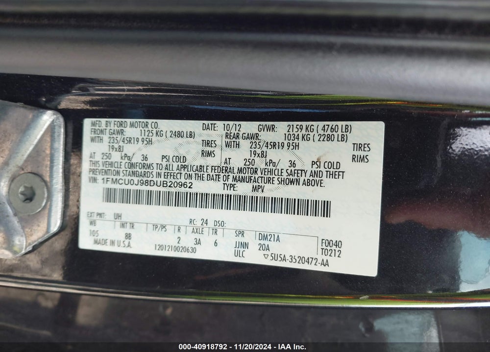 2013 FORD ESCAPE TITANIUM VIN: 1FMCU0J98DUB20962
