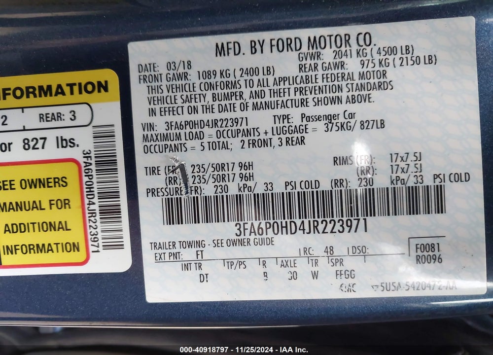 2018 FORD FUSION SE VIN: 3FA6P0HD4JR223971