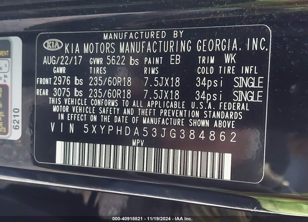 2018 KIA SORENTO 3.3L EX VIN: 5XYPHDA53JG384862