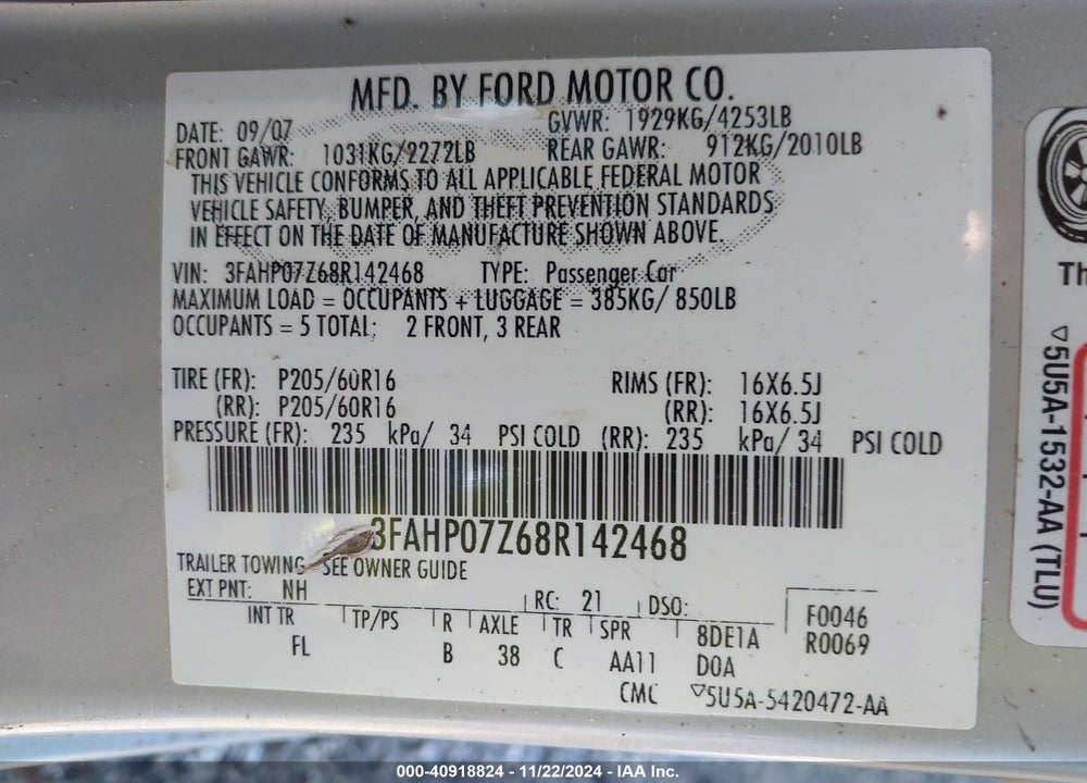 2008 FORD FUSION SE VIN: 3FAHP07Z68R142468