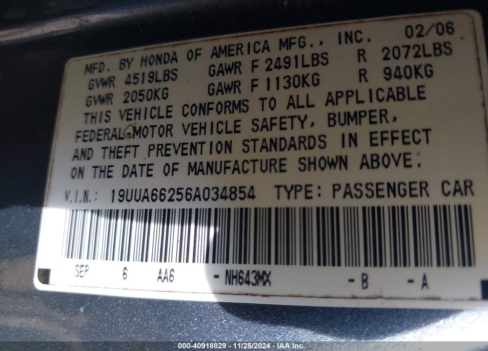 2006 ACURA TL VIN: 19UUA66256A034854