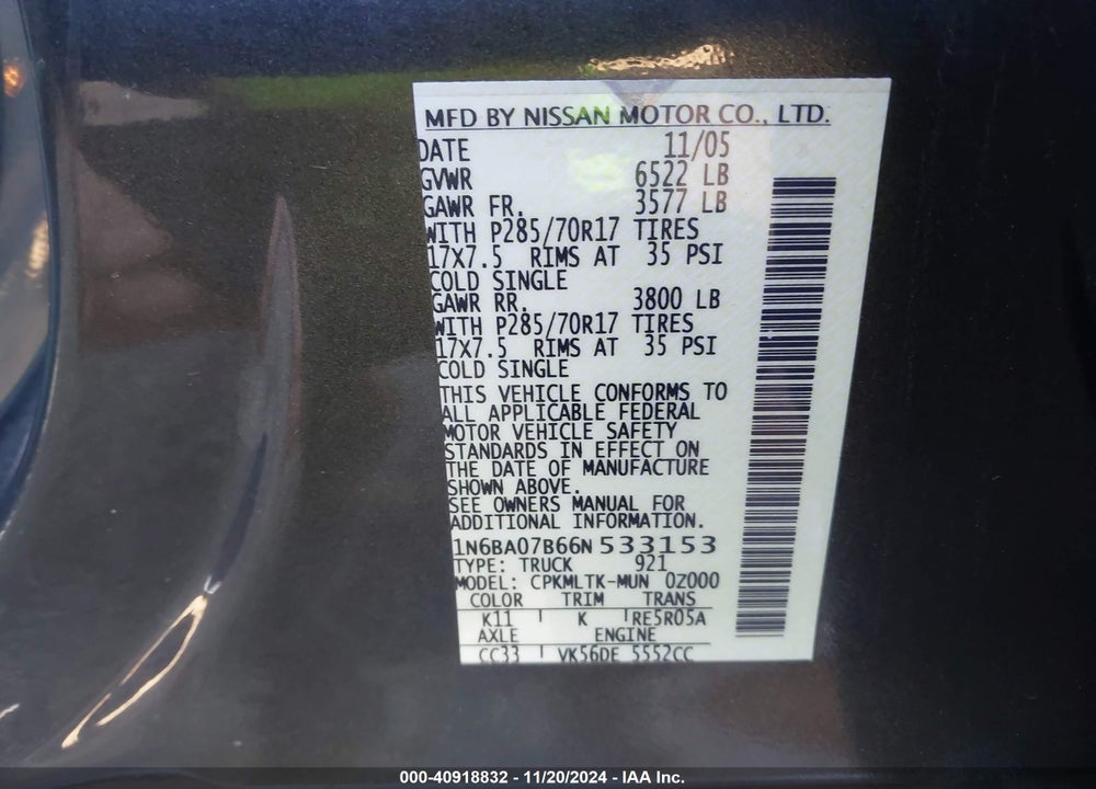 2006 NISSAN TITAN SE VIN: 1N6BA07B66N533153