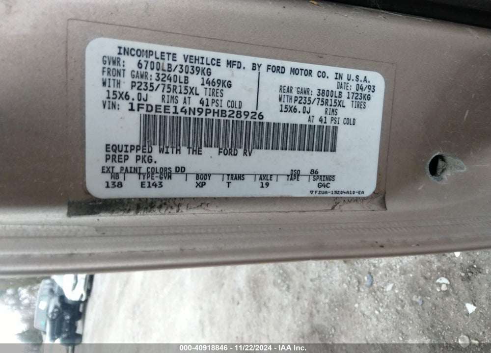 1993 FORD ECONOLINE E150 VAN VIN: 1FDEE14N9PHB28926