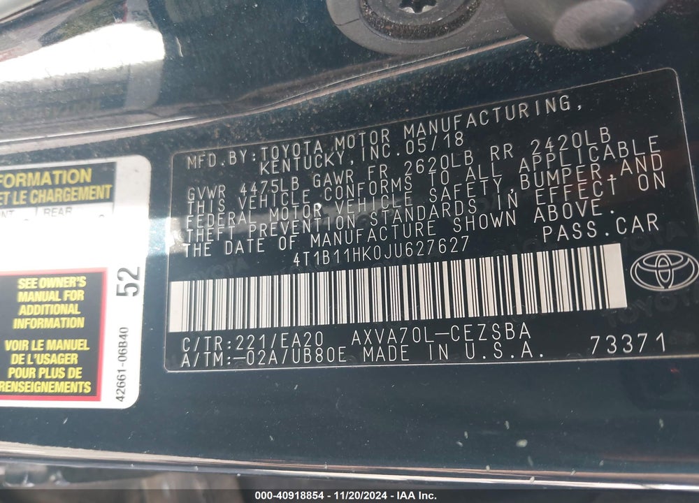 2018 TOYOTA CAMRY SE VIN: 4T1B11HK0JU627627