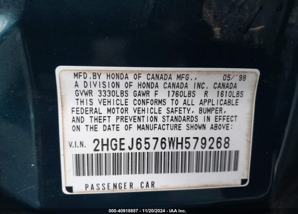 1998 HONDA CIVIC LX VIN: 2HGEJ6576WH579268