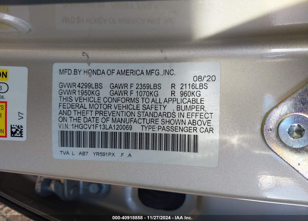 2020 HONDA ACCORD LX VIN: 1HGCV1F13LA120069