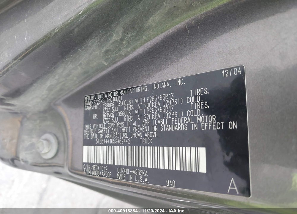 2005 TOYOTA TUNDRA SR5 V8 VIN: 5TBBT44165S462442