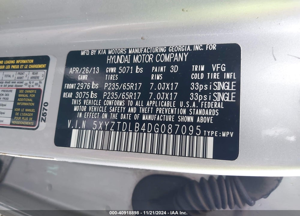2013 HYUNDAI SANTA FE SPORT VIN: 5XYZTDLB4DG087095