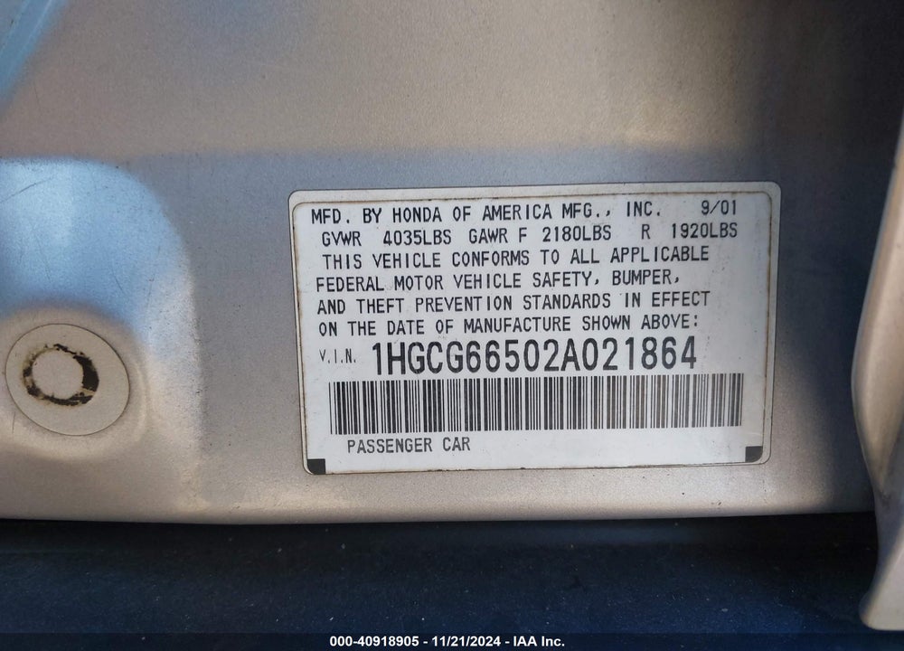 2002 HONDA ACCORD 2.3 LX VIN: 1HGCG66502A021864