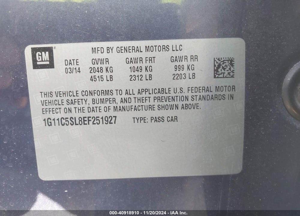 2014 CHEVROLET MALIBU 1LT VIN: 1G11C5SL8EF251927