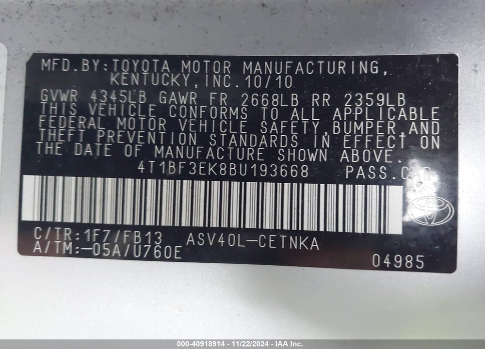 2011 TOYOTA CAMRY LE VIN: 4T1BF3EK8BU193668