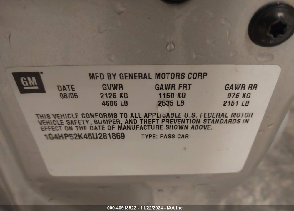 2005 BUICK LESABRE CUSTOM VIN: 1G4HP52K45U281869