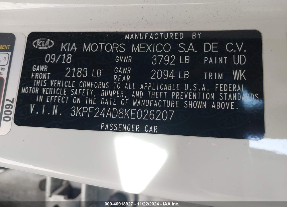 2019 KIA FORTE FE VIN: 3KPF24AD8KE026207