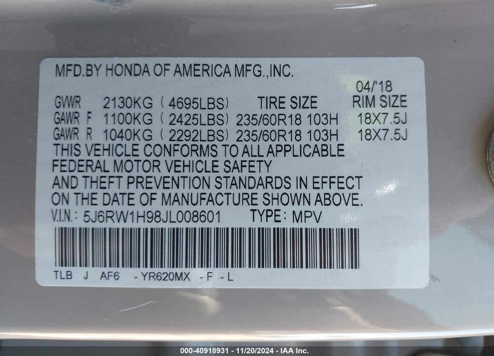 2018 HONDA CR-V TOURING VIN: 5J6RW1H98JL008601