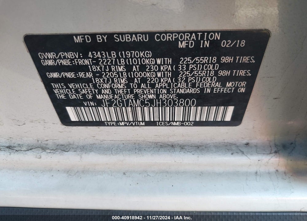 2018 SUBARU CROSSTREK VIN: JF2GTAMC5JH303800