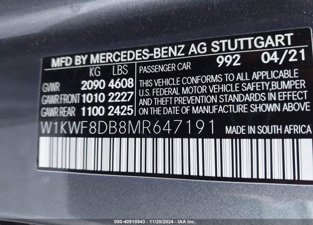 2021 MERCEDES-BENZ C 300 SEDAN VIN: W1KWF8DB8MR647191