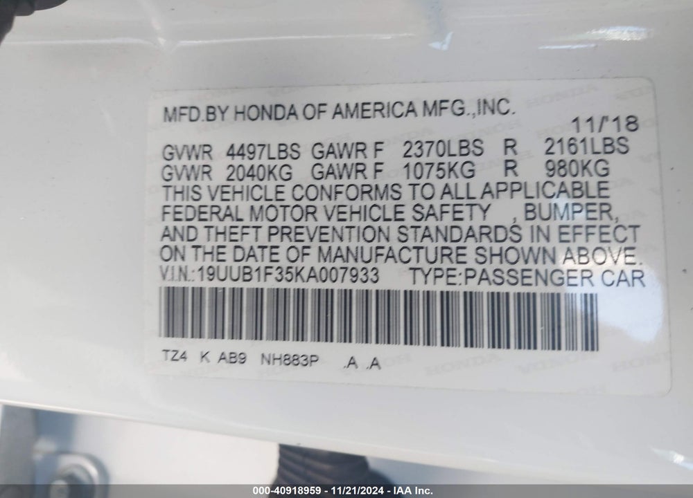 2019 ACURA TLX STANDARD VIN: 19UUB1F35KA007933