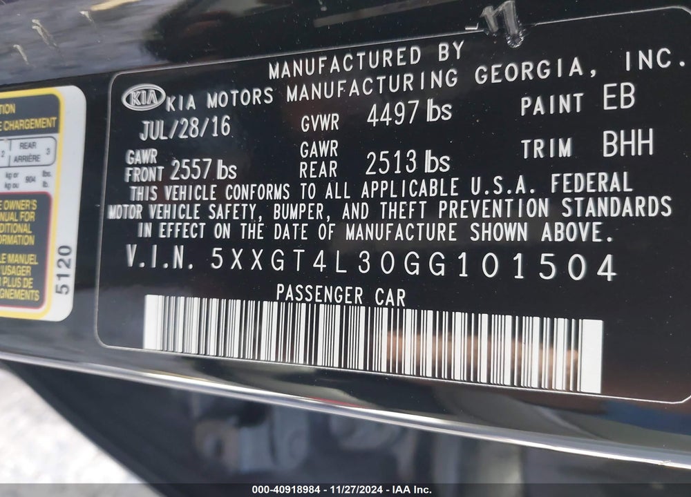 2016 KIA OPTIMA LX VIN: 5XXGT4L30GG101504