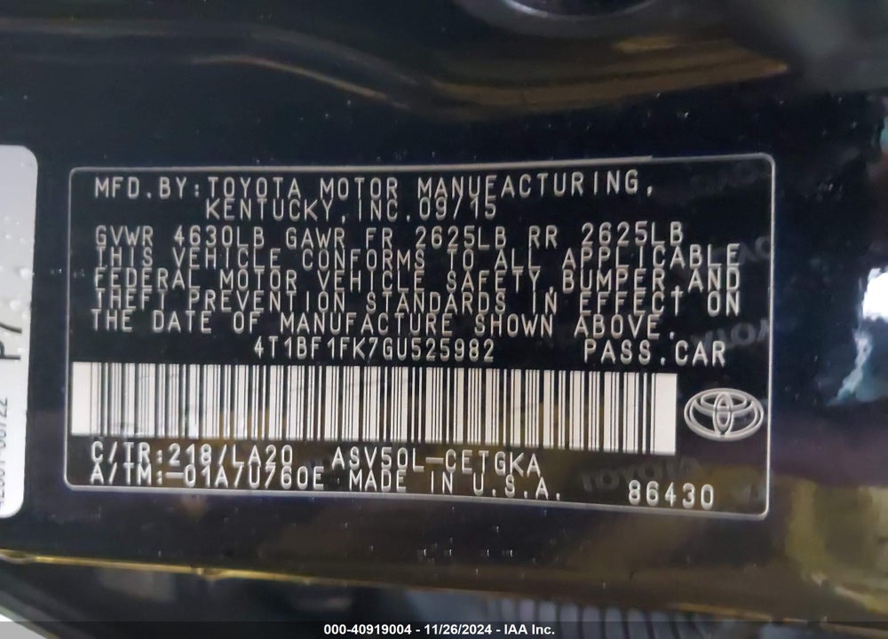 2016 TOYOTA CAMRY XLE VIN: 4T1BF1FK7GU525982