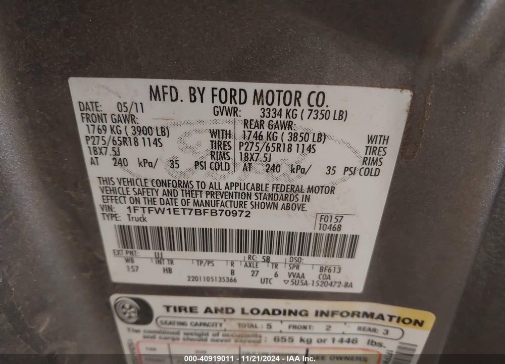 2011 FORD F-150 VIN: 1FTFW1ET7BFB70972