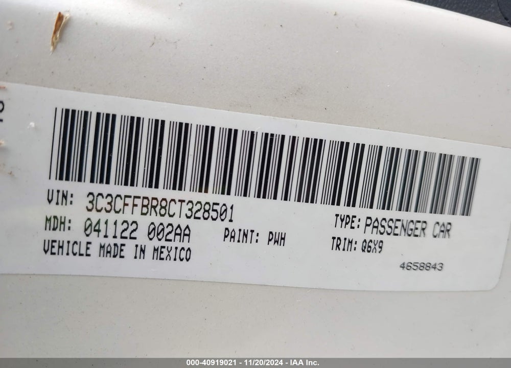 2012 FIAT 500 SPORT VIN: 3C3CFFBR8CT328501