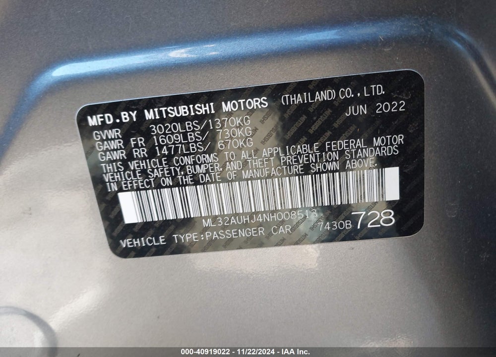 2022 MITSUBISHI MIRAGE ES/LE VIN: ML32AUHJ4NH008513