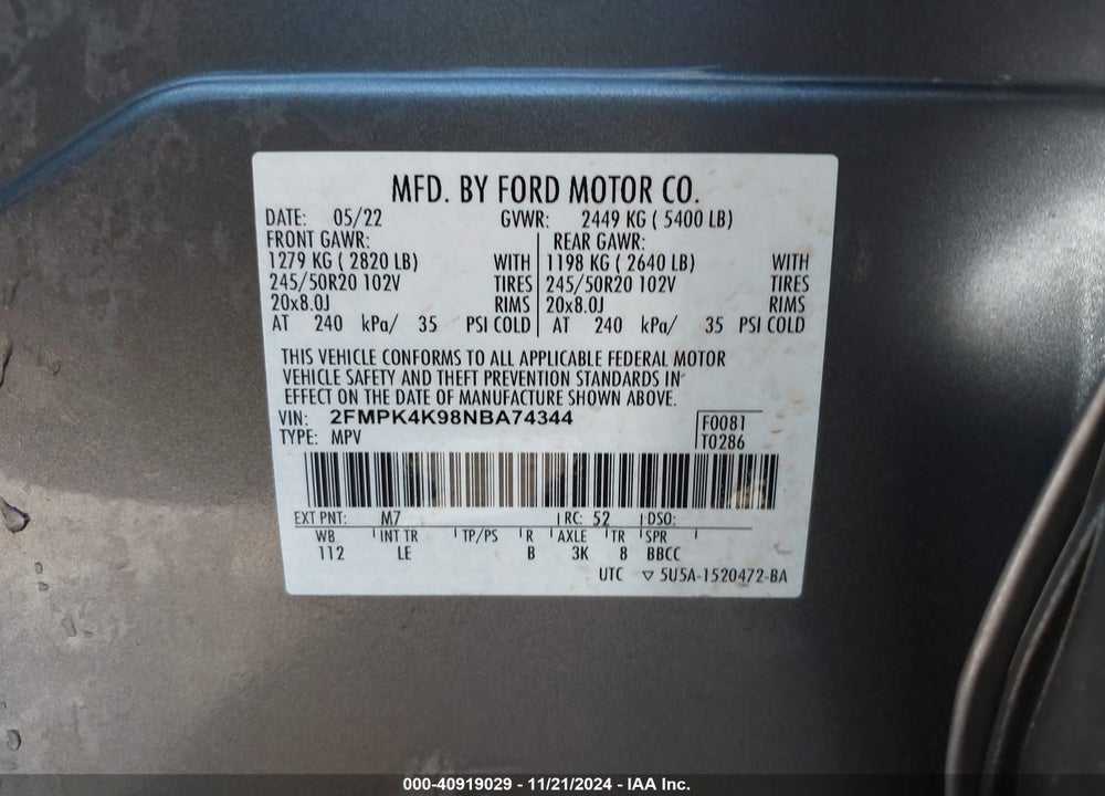2022 FORD EDGE TITANIUM VIN: 2FMPK4K98NBA74344
