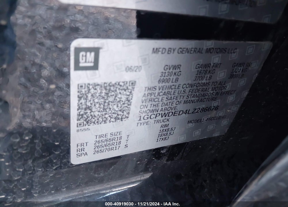2020 CHEVROLET SILVERADO VIN: 1GCPWDED4LZ286676