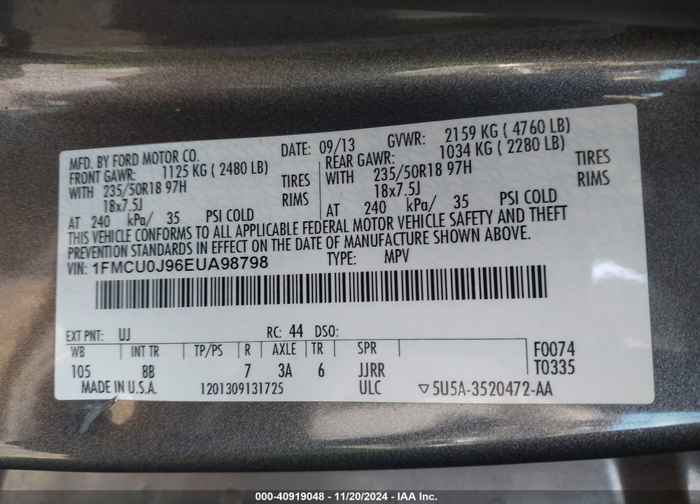 2014 FORD ESCAPE TITANIUM VIN: 1FMCU0J96EUA98798