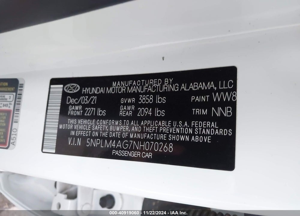 2022 HYUNDAI ELANTRA SEL VIN: 5NPLM4AG7NH070268