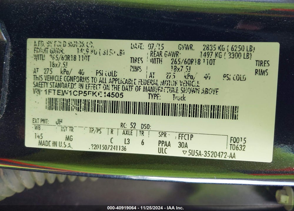 2015 FORD F-150 XLT VIN: 1FTEW1CP5FKE14505