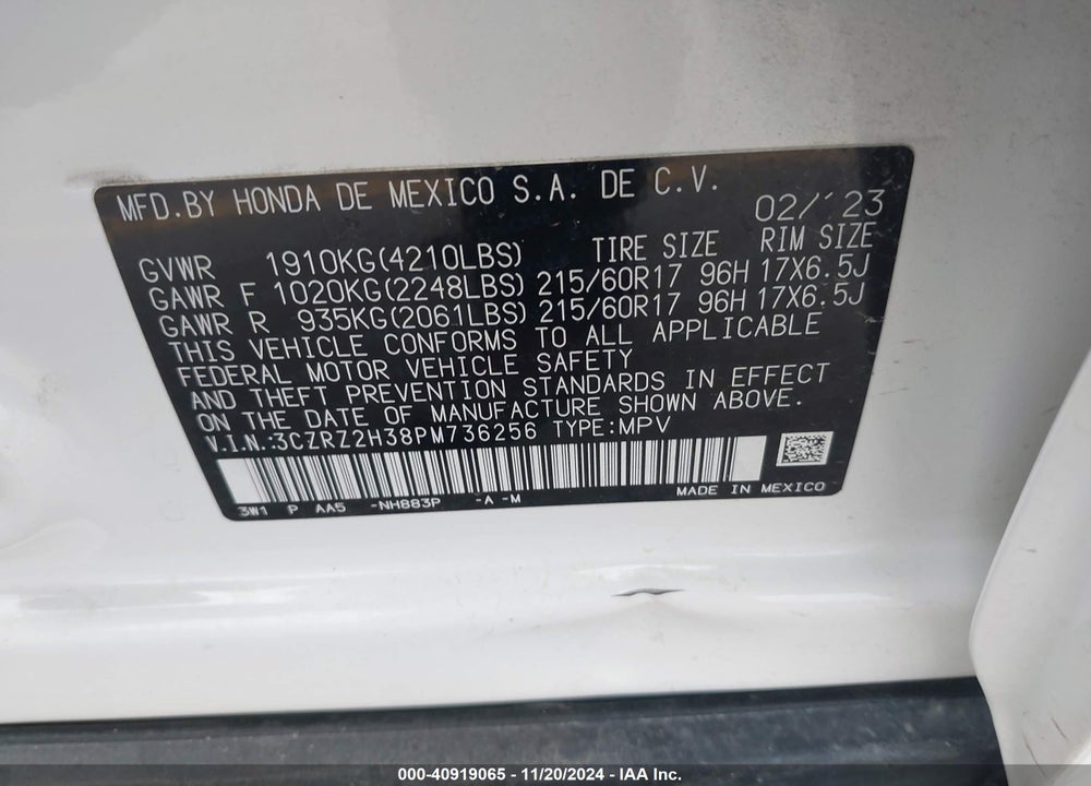 2023 HONDA HR-V AWD LX VIN: 3CZRZ2H38PM736256