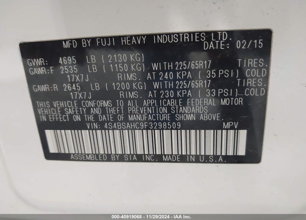 2015 SUBARU OUTBACK 2.5I PREMIUM VIN: 4S4BSAHC9F3298509