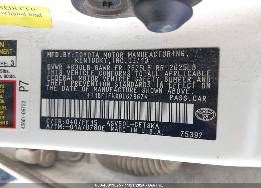 2013 TOYOTA CAMRY SE VIN: 4T1BF1FKXDU678674
