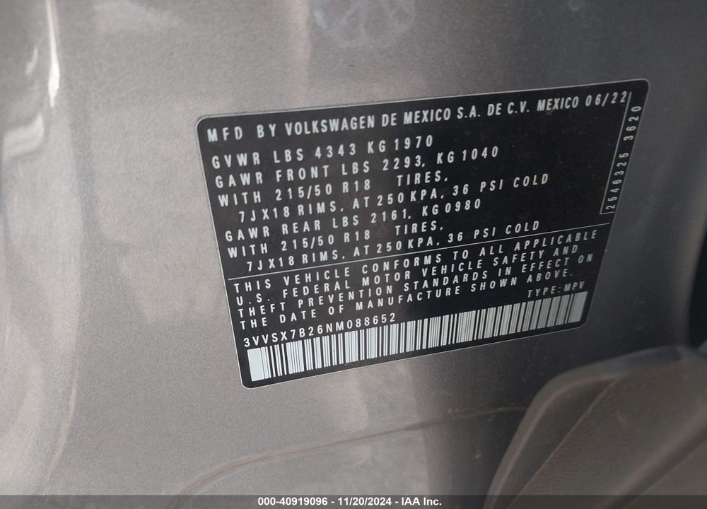 2022 VOLKSWAGEN TAOS 1.5T SE VIN: 3VVSX7B26NM088652