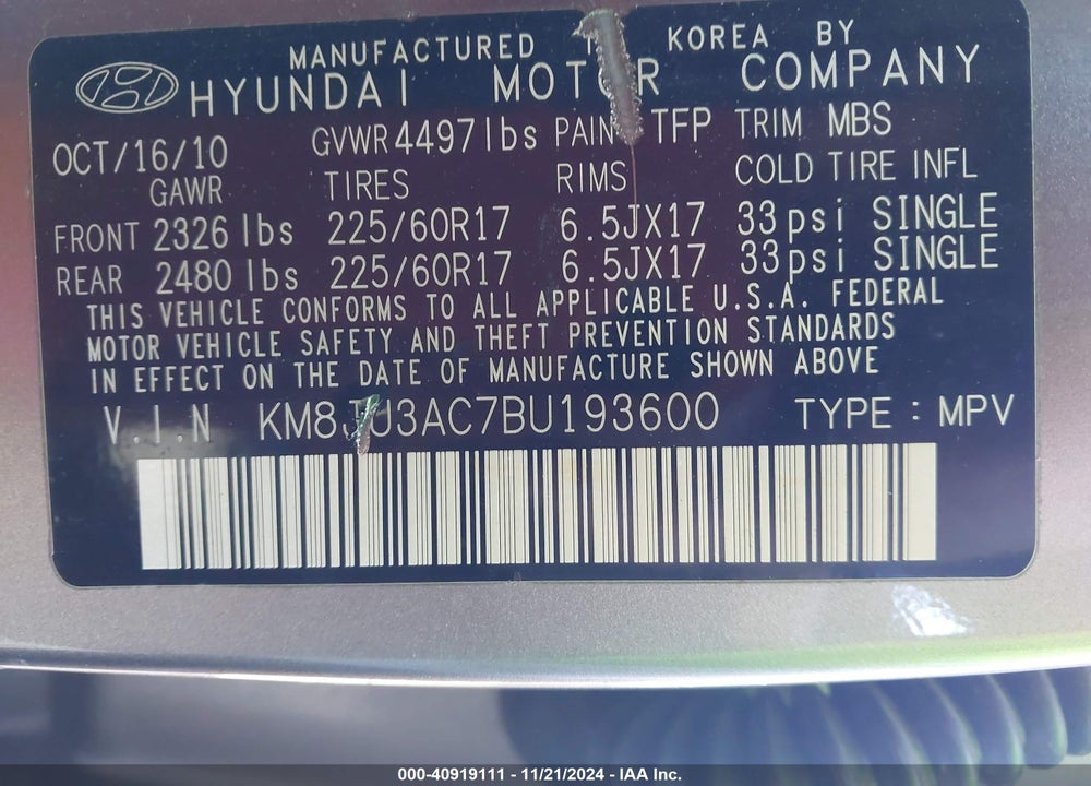 2011 HYUNDAI TUCSON GLS VIN: KM8JU3AC7BU193600