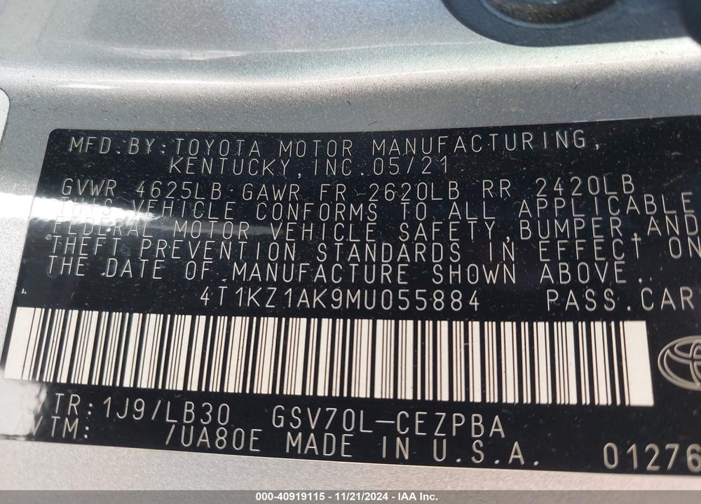 2021 TOYOTA CAMRY VIN: 4T1KZ1AK9MU055884