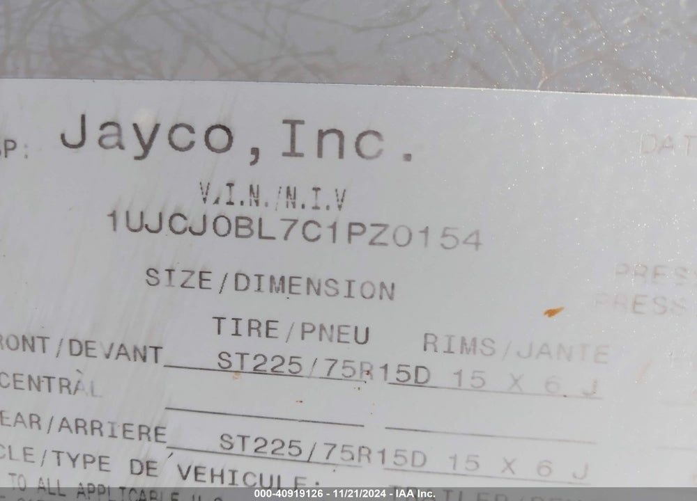 2012 JAYCO EAGLE HT 23.5 VIN: 1HJCJ0BL7C1PZ0154