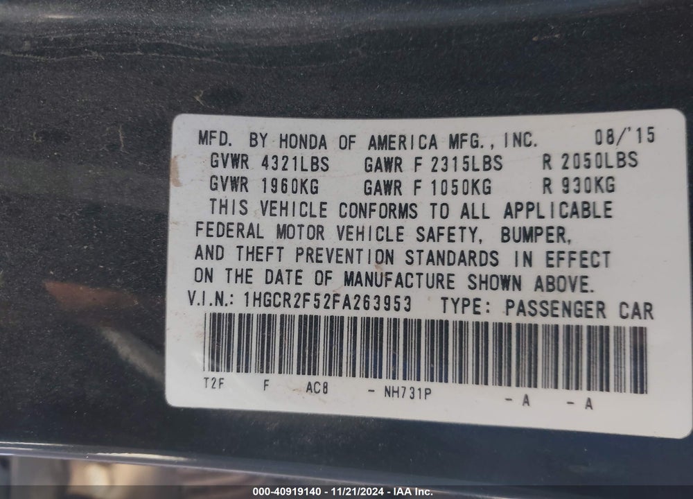 2015 HONDA ACCORD SPORT VIN: 1HGCR2F52FA263953