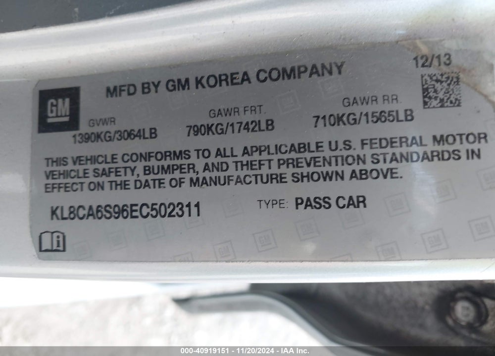 2014 CHEVROLET SPARK LS MANUAL VIN: KL8CA6S96EC502311