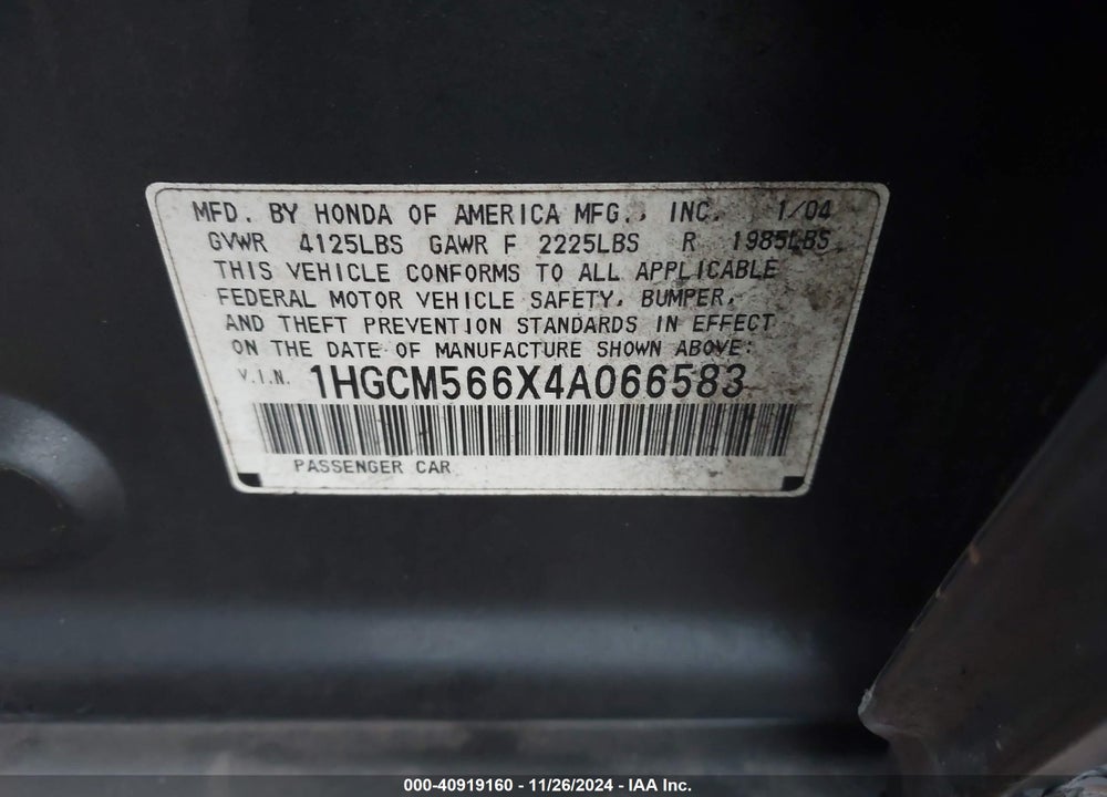 2004 HONDA ACCORD 2.4 EX VIN: 1HGCM566X4A066583