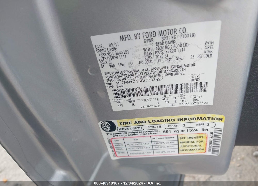 2011 FORD F-150 FX2 VIN: 1FTFW1CT6BKD33427