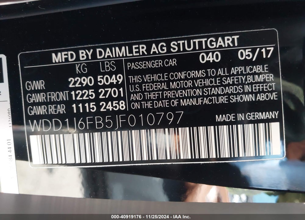 2018 MERCEDES-BENZ E 400 VIN: WDD1J6FB5JF010797